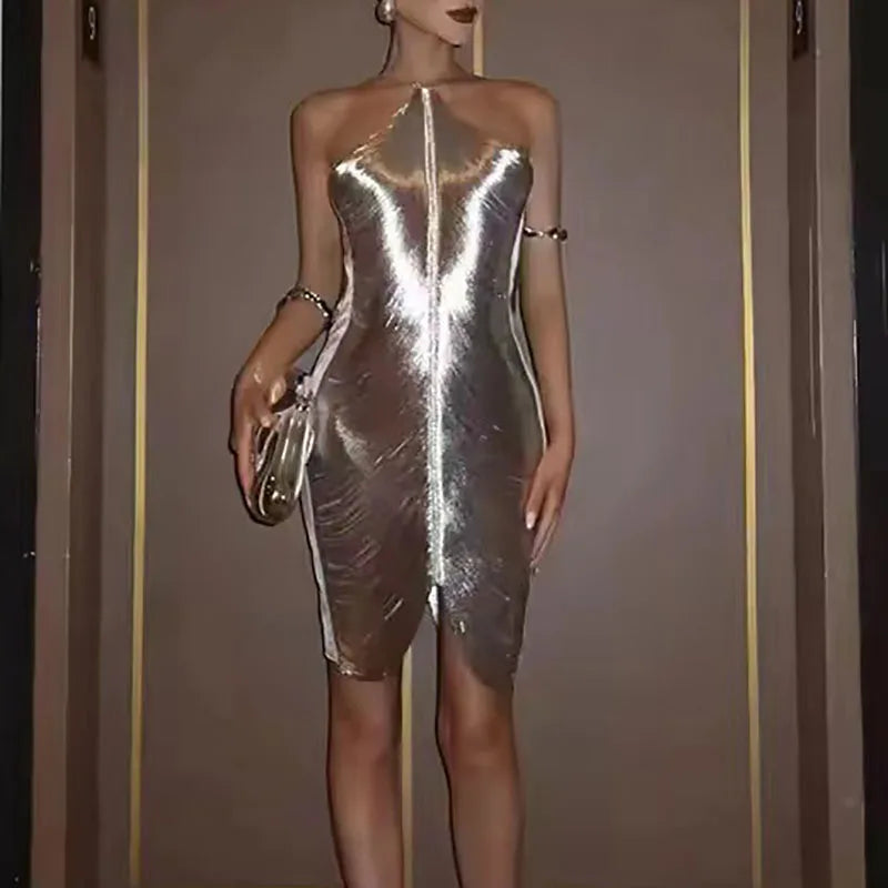 Women Elegant Tassel High Waist Bodycon Dress 2024 Sexy Halter Sleeveless Solid Color Mini Dress Fashion Backless Party Dresses