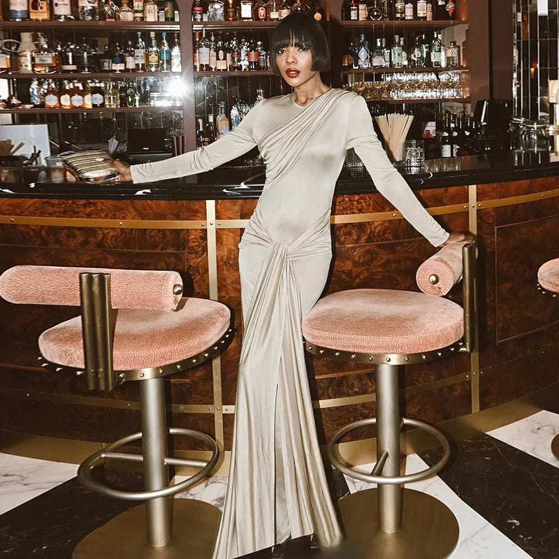 Mozision Long Sleeve Draped Ruched Sexy Maxi Dress Women Gown Elegant O Neck High Waist Bodycon Club Party Long Dresses Female