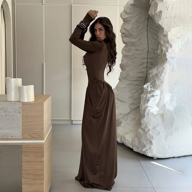 Mozision Turtleneck Long Sleeve Sexy Maxi Dress Women Gown Autumn Winter Elegant High Waist Draped Ruched Club Party Long Dress