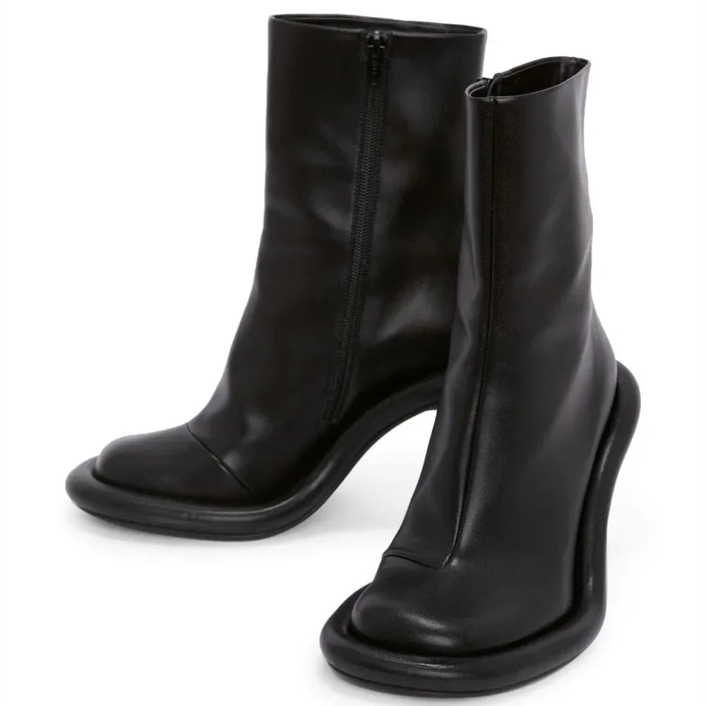 European and American Trend Retro Denim Slim High Heels Round Toe Short Boots for Women Sexy Side Zipper Fashion Banquet Shoes