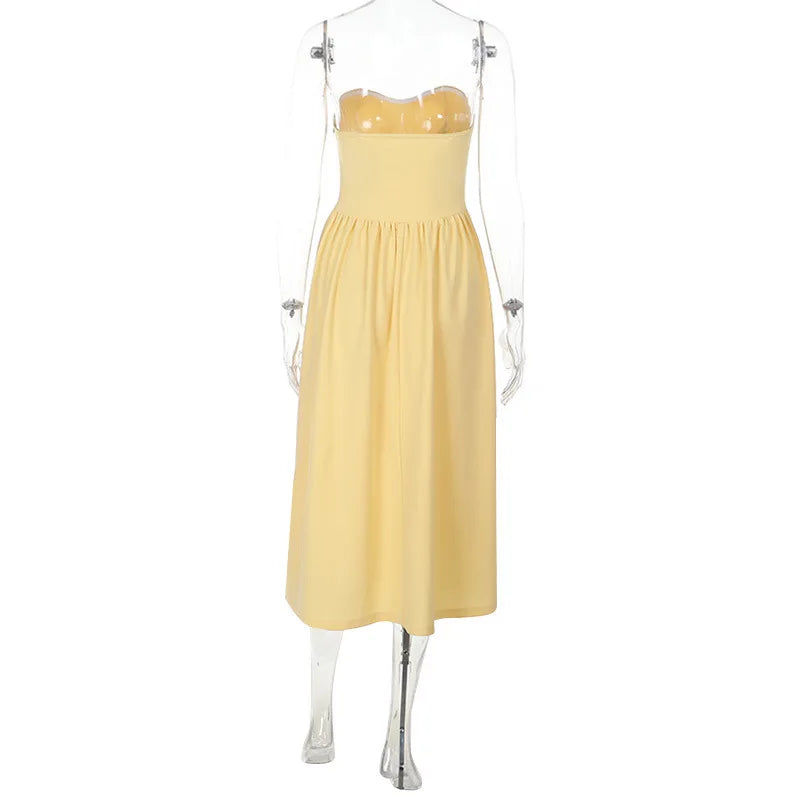 NIDANSSI Yellow Strapless Backless Evening Party Dress Women Pleated Bodycon Elegant Sexy Dress Midi Long Summer Dress Vestidos