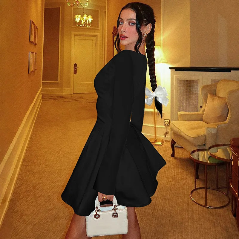 NIDANSSI Red Long Sleeve Evening Party Dress Women 2024 Pleated Robes Elegant Sexy Dress Bodycon Mini Winter Dress Vestidos