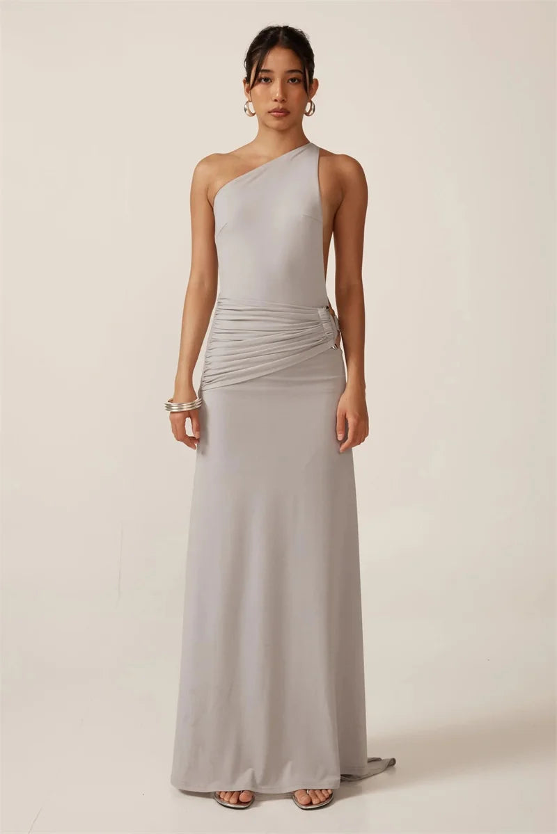 Mozision One Shoulder Backless Sexy Maxi Dress Women Gown Fashion Metal Buckle Diagonal Collar Sleeveless Draped Club Long Dress