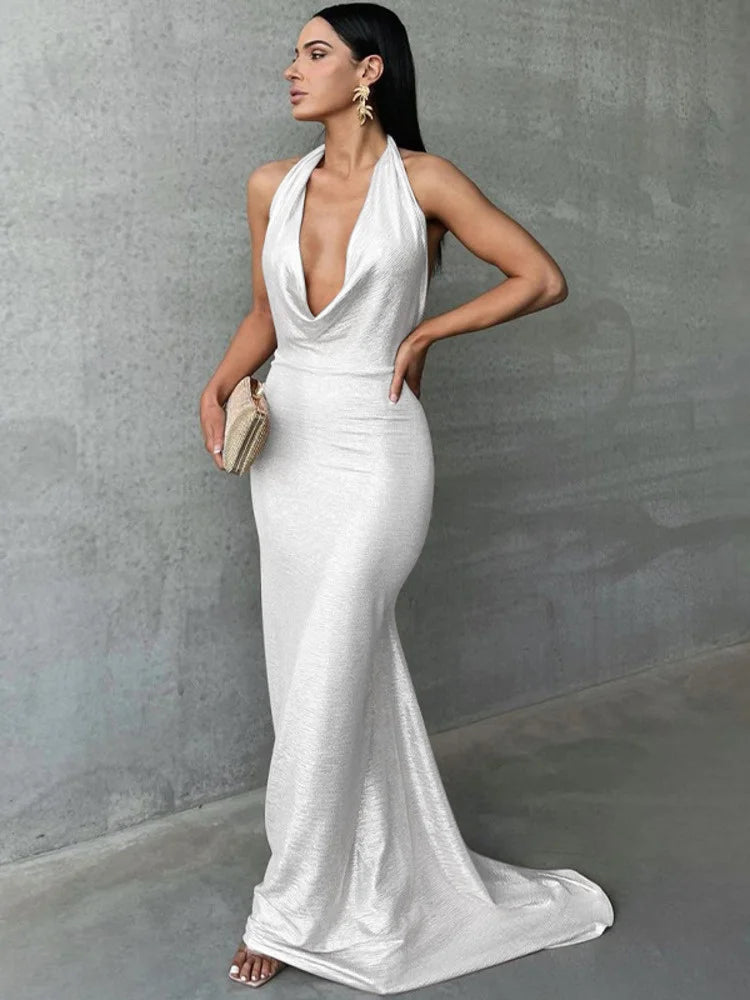 Mozision Halter Deep V Neck Backless Maxi Dress Women Sleeveless Temperament Fishtail Dress Ladies Elegant Sexy Party Dress