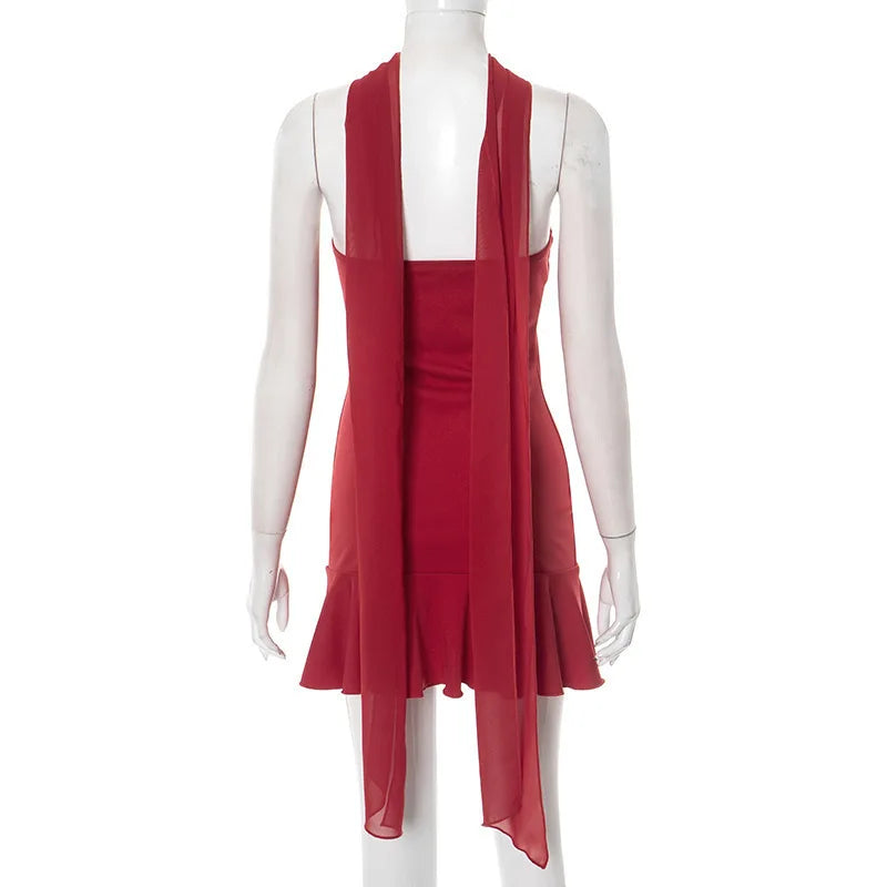 Mozision Halter Off-shoulder Strapless Sexy Mini Dress Women Fashion Scarf Collar Backless Sleeveless Ruffle Club Party Dresses