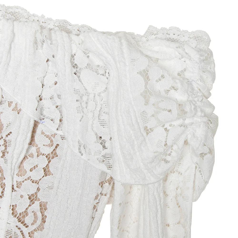 Suninheart White Maxi Wedding Guest Dress Women 2025 Elegant Off The Shoulder evening party dresses red lace flare sleeve dress