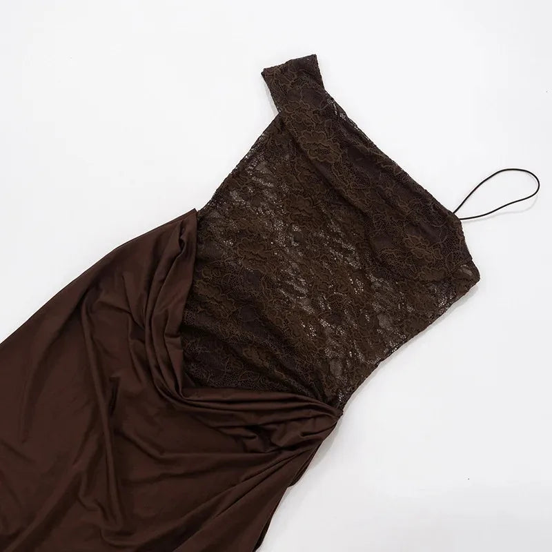 Women One Shoulder Lace See Through Sexy Maxi Dress Gown Fashion Off-shoulder Sleeveless Backless Club Long Dresses