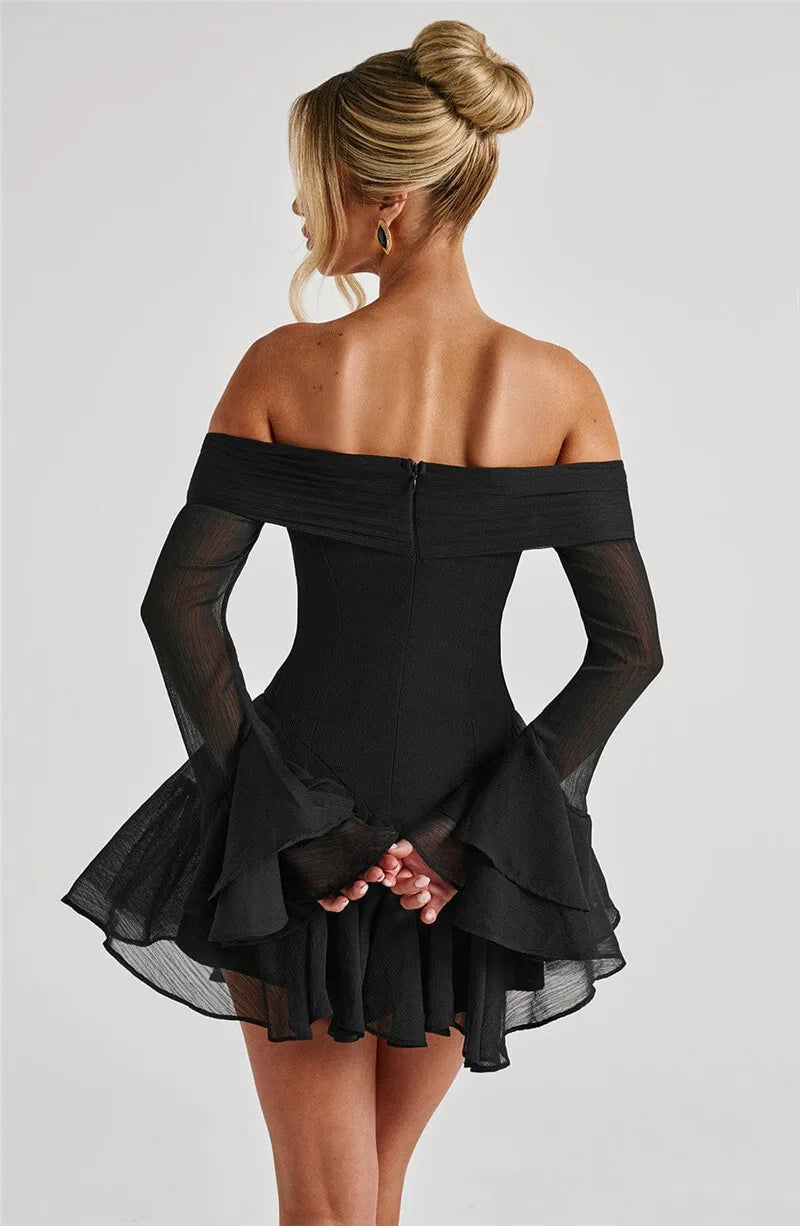 Mozision Strapless Long Flare Sleeve Sexy Mini Dress For Women Robe Off-shoulder Backless High Waist A-line Club Party Dress