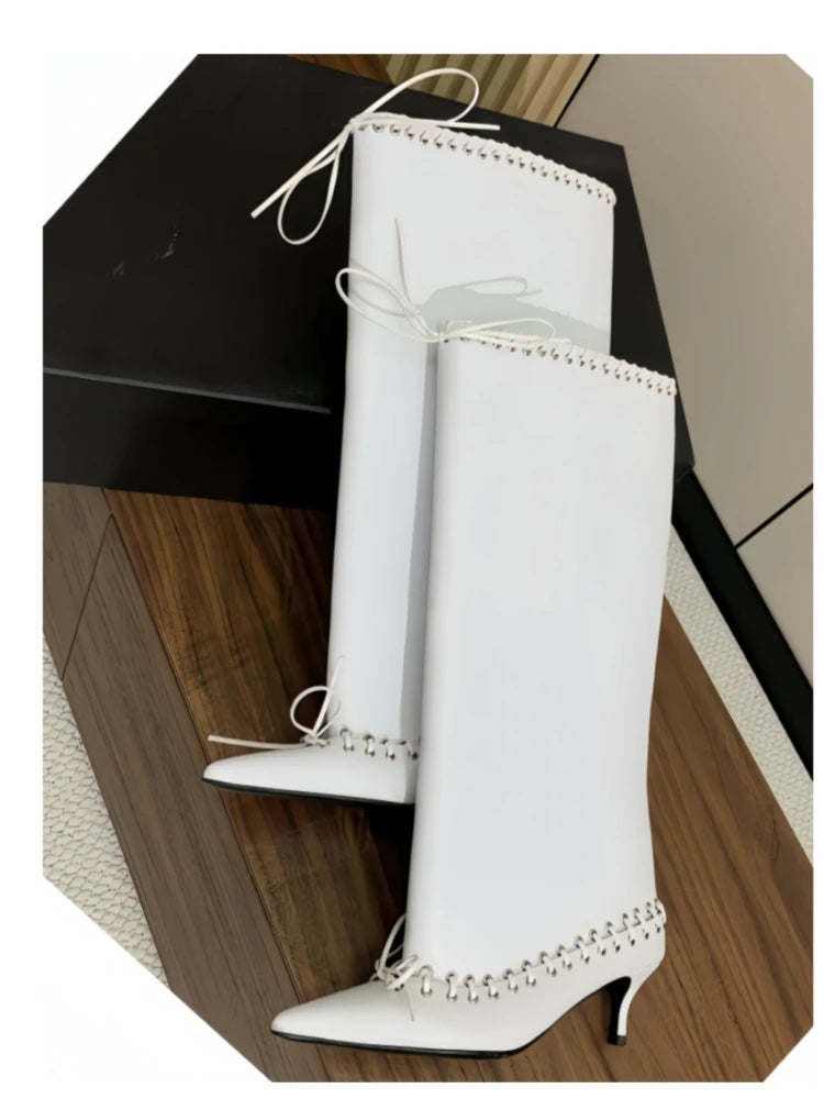 2025 Early Autumn New European and American Fashion Show Niche Fashion Slimming Wide Tube Height Increasing Pleated Pile Boots