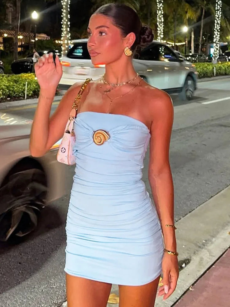 Mozision Metal Buckle Off-shoulder Sexy Mini Dress Women Robe Fashion Strapless Sleeveless Backless Bodycon Ruched Club Dress Wofashion.xyz