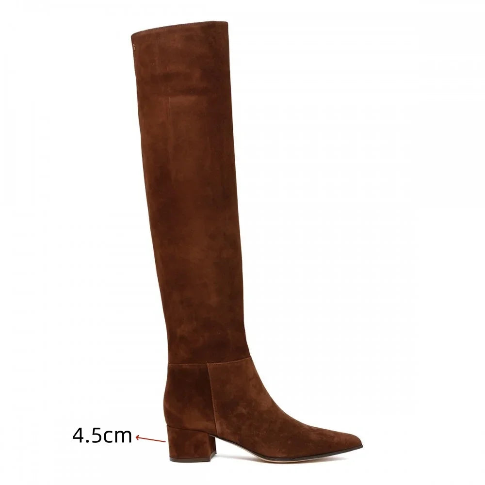 Ladies' Autumn and Winter Suede Thick High-heeled Oversized Knee High Boots, European and American Sexy Versatile Sleeve Boots
