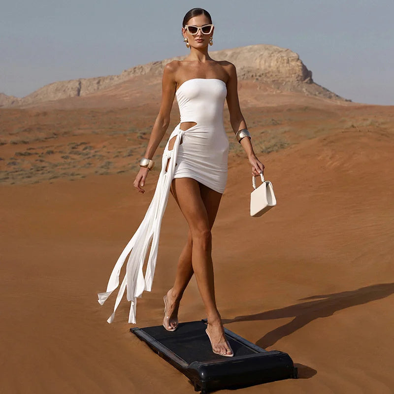 Mozision Off-shoulder Strapless Ruched Sexy Mini Dress Women Fashion Hollow Out Sleeveless Backless Draped Club Party Dresses