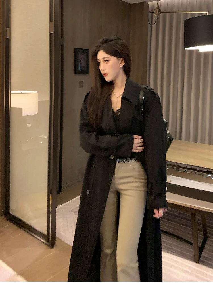 Lautaro Spring Autumn Long Black Hard Waterproof Trench Coat for Women Belt Double Breasted High Quality Luxury Overcoat 2024