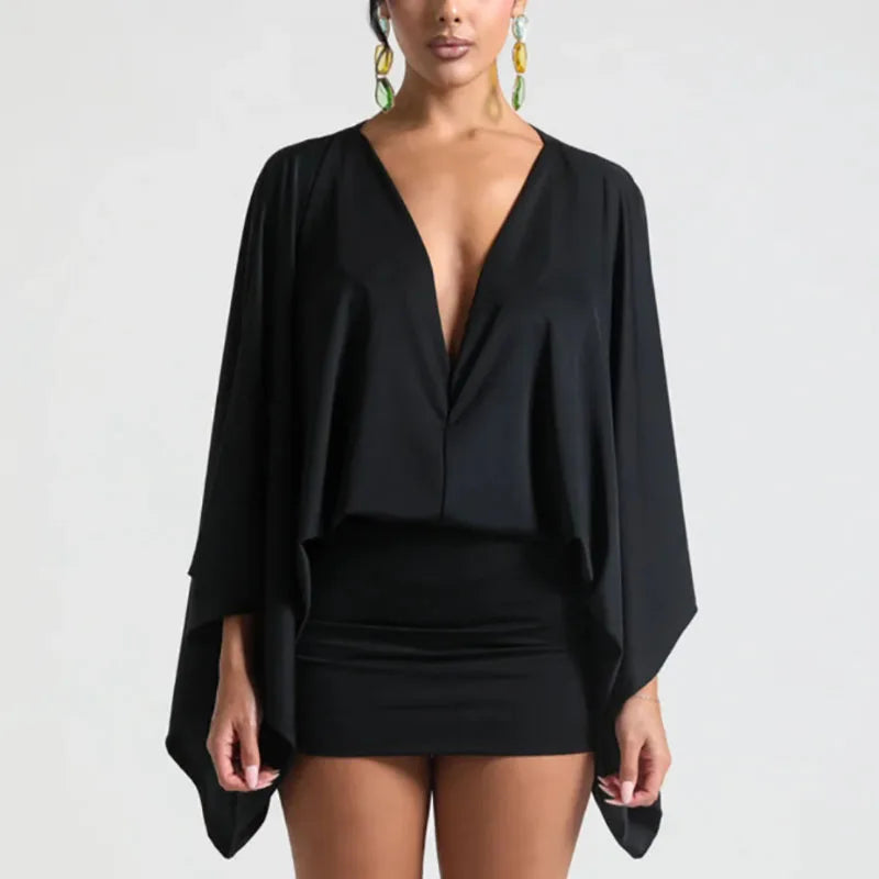 New Autumn Chic Deep V-Neck Boho Dress Retro Solid Spliced Flare Sleeve Prom Dress Spring Woman Club Elegant Slim Fit Mini Dress Wofashion.xyz