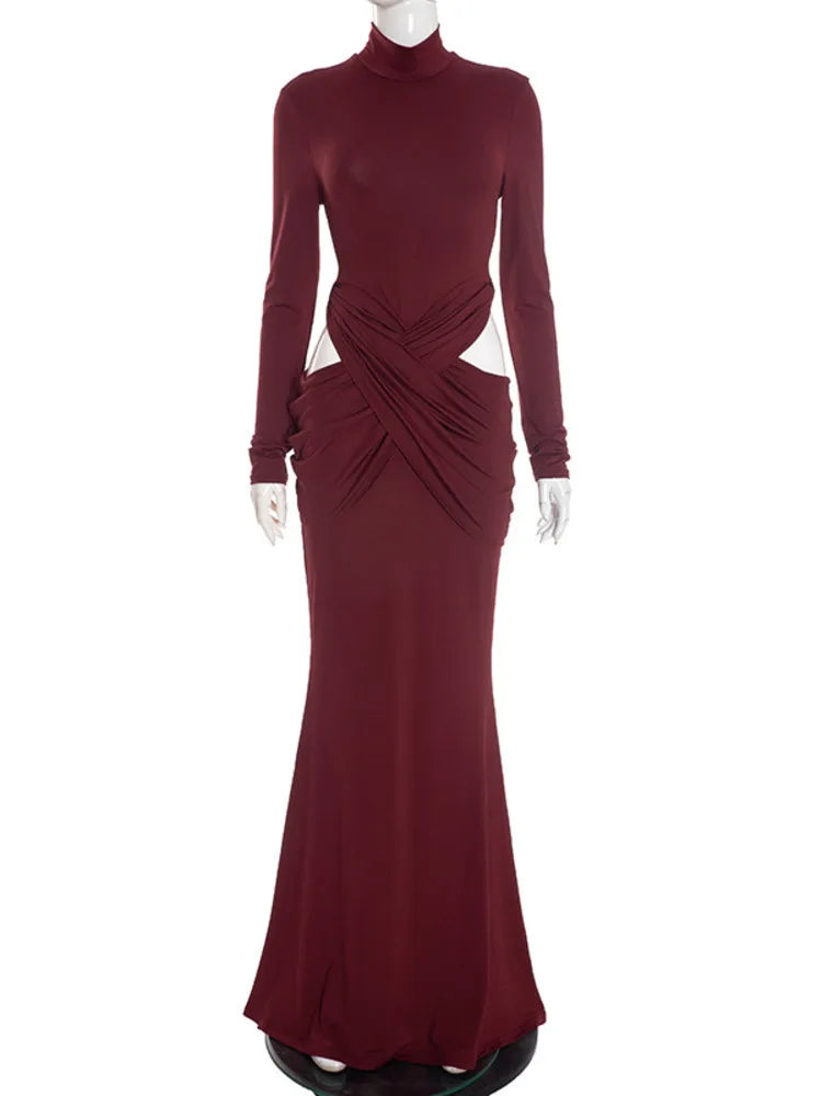 Mozision Turtleneck Long Sleeve Sexy Maxi Dress Women Gown Elegant Hollow Out High Waist Ruched Bodycon Club Party Long Dresses