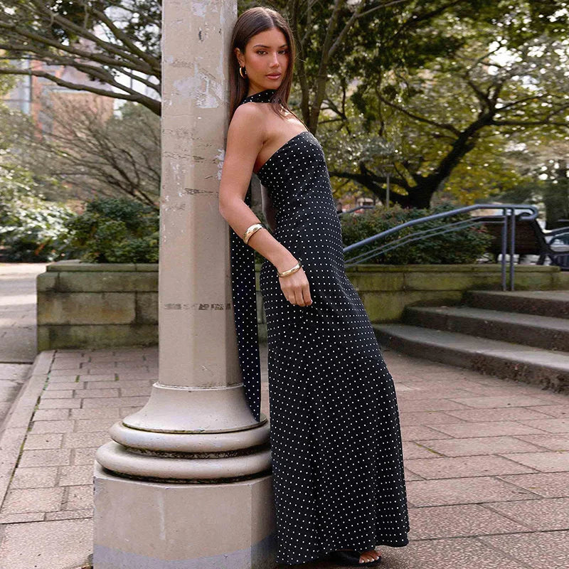 Mozision Polka Dot Strapless Sexy Maxi Dress Women Gown Elegant Scarf Collar Off-shoulder Backless Sleeveless Club Party Dress