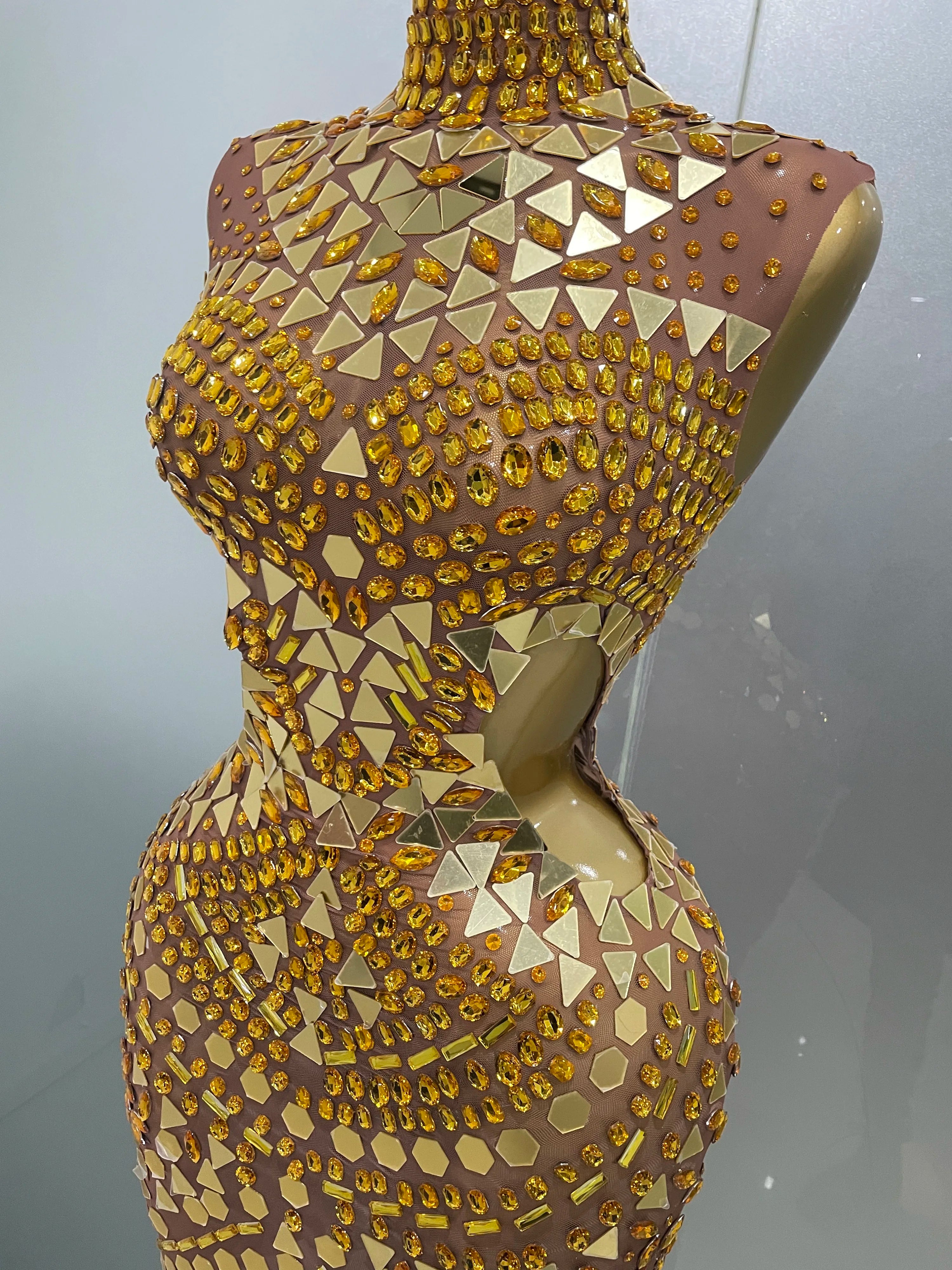 Luxury Shiny Mirror Rhinestones Hollowed-out Long Dress 2025Women Celebrity Evening Party Catwalk Prom Stage Photo Shoot Dresses