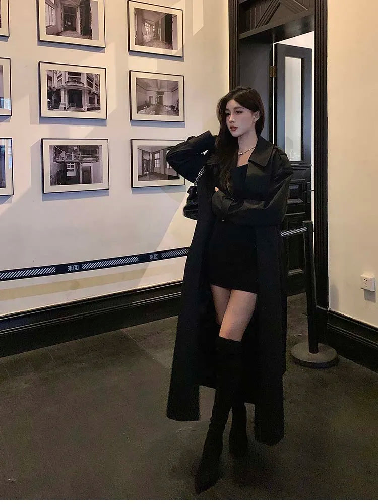 Lautaro Spring Autumn Long Black Hard Waterproof Trench Coat for Women Belt Double Breasted High Quality Luxury Overcoat 2024