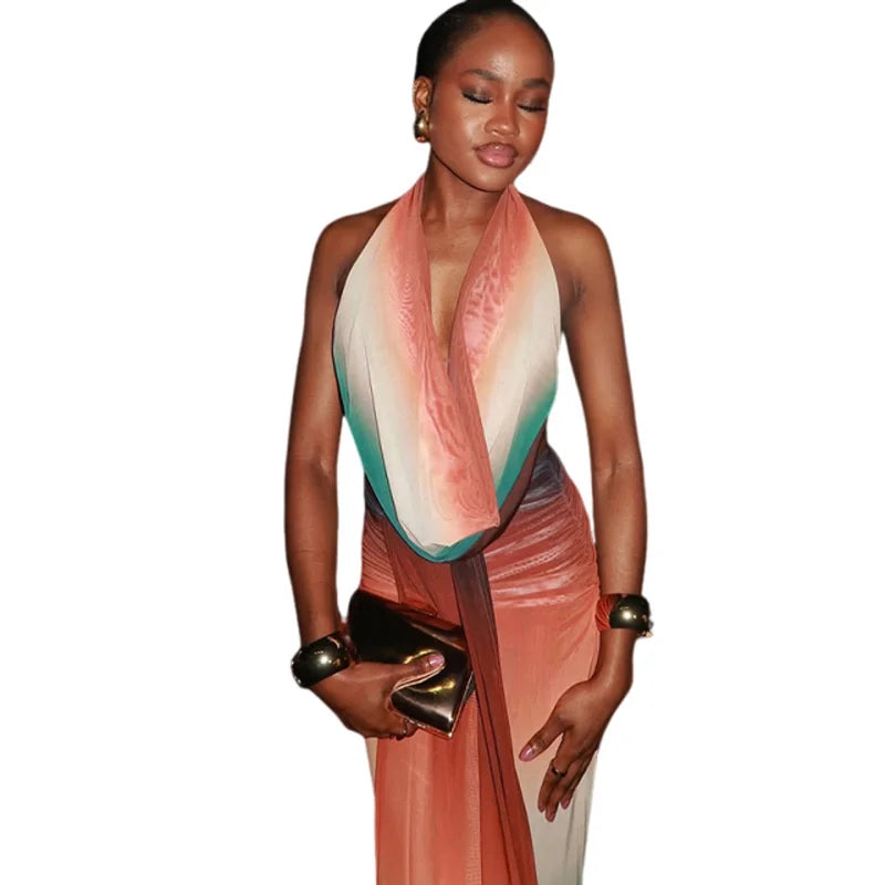 Mozision Print Sexy Mesh Halter Skirt 2 Pieces Sets For Women Off-shoulder Sleeveless Backless Tops And Skirt Two Pieces Sets