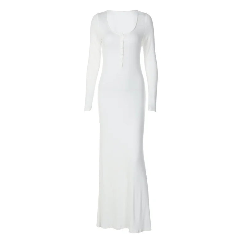 Mozision Square Collar Long Sleeve Sexy Maxi Dress For Women Autumn Winter White Single-breasted High Waist Bodycon Club Dresses