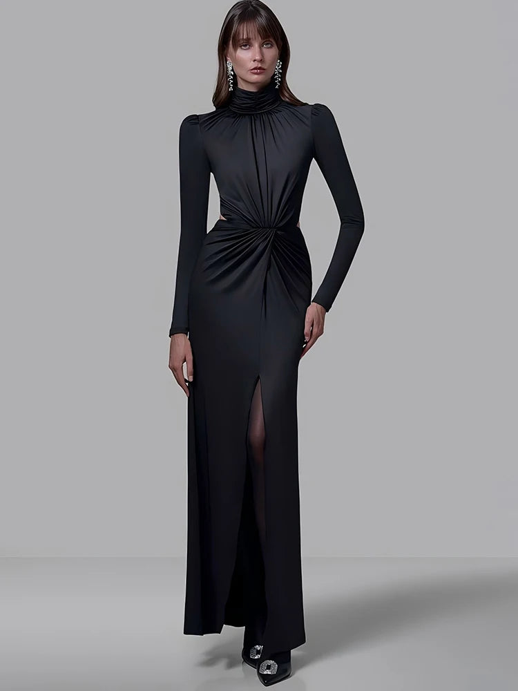 Mozision Turtleneck Backless Sexy Maxi Dress Women Gown Autumn Winter Elegant Long Sleeve Thigh High Split Club Party Long Dress Wofashion.xyz