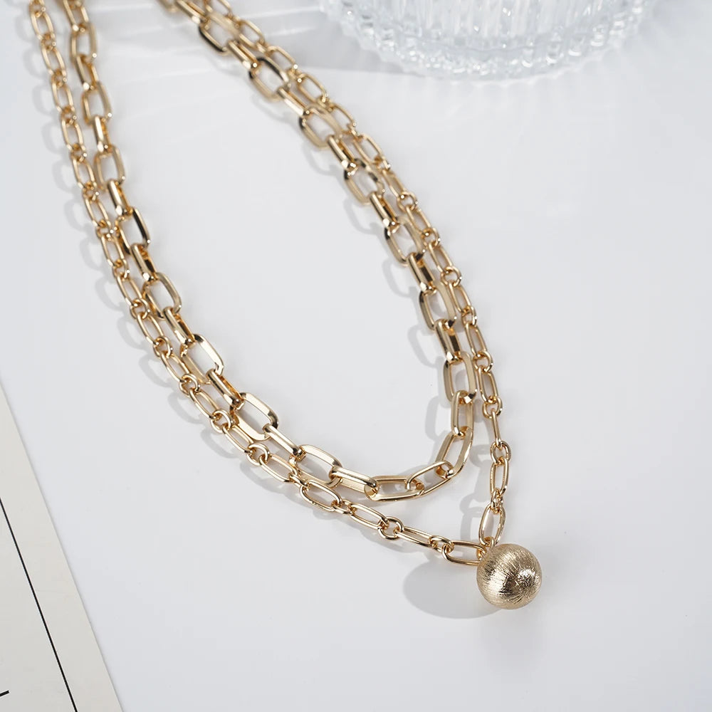 Fish Necklace for Women, Bohemian Fashion, Ethnic Hawaiian Beach Jewelry with Round Ball Pendant, Double Gold Chain