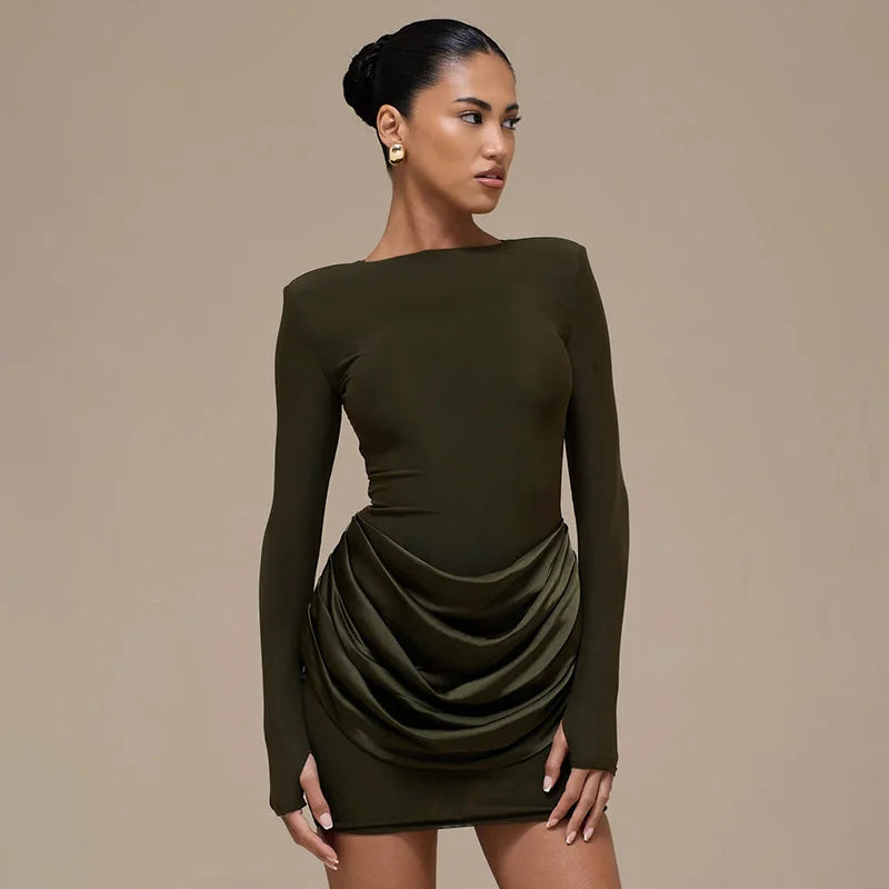 Mozision Long Sleeve Ruched Sexy Mini Dress Women Gown Elegant Satin Patchwork O Neck High Waist Club Party Dresses Fashion