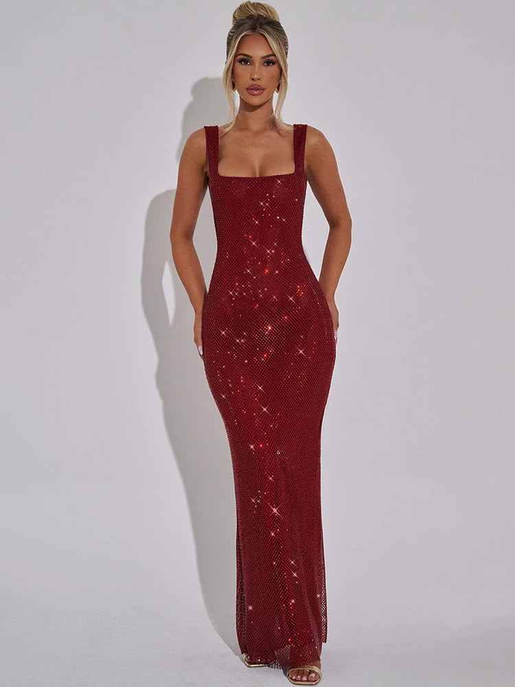 Mozision Sequins Backless Sexy Maxi Dress For Women Gown Fashion Sparkle Square Collar Sleeveless Bodycon Club Long Dress