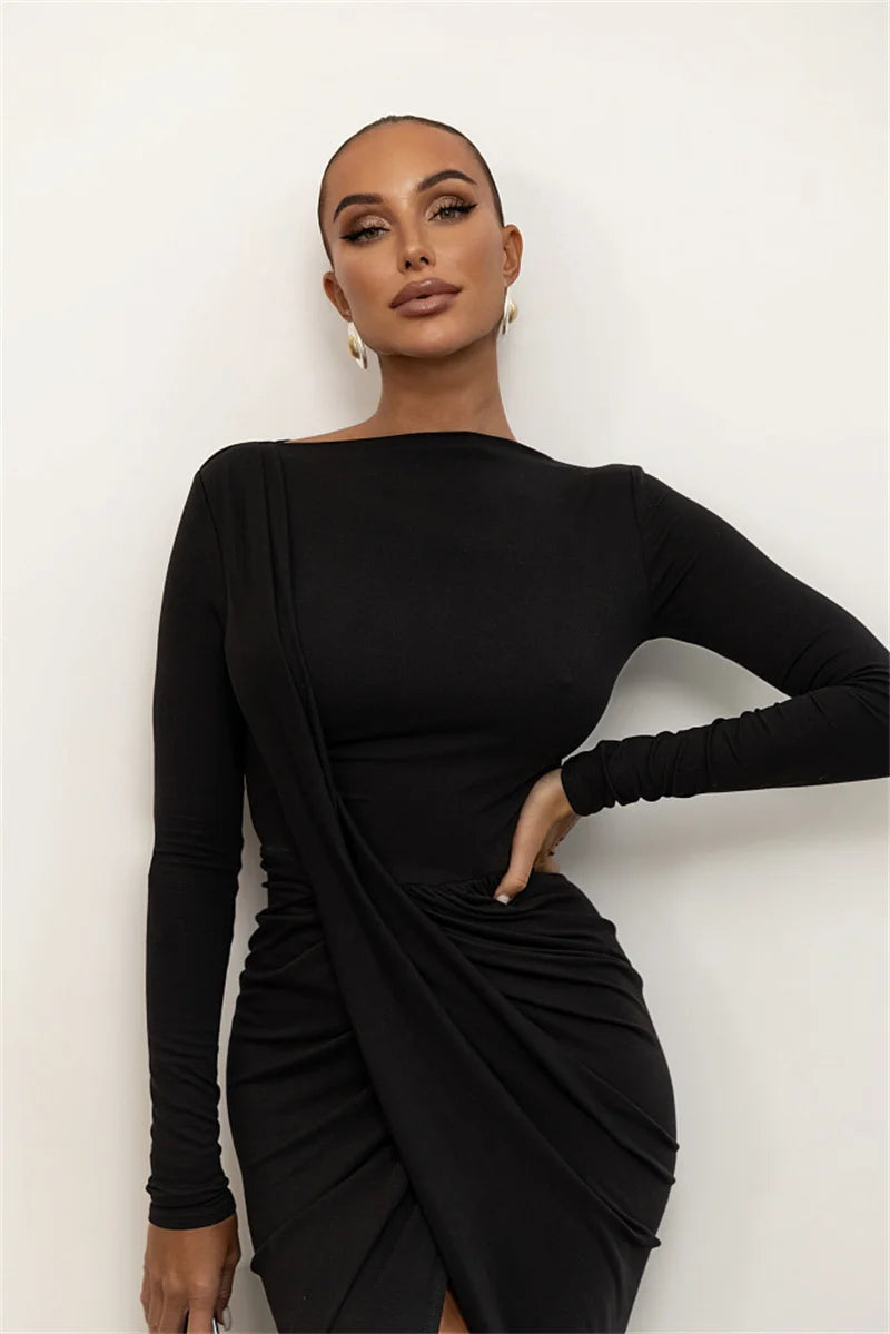 Mozision Long Sleeve Thigh High Split Sexy Maxi Dress Women Gown Elegant O Neck Draped Ruched Bodycon Club Party Long Dresses