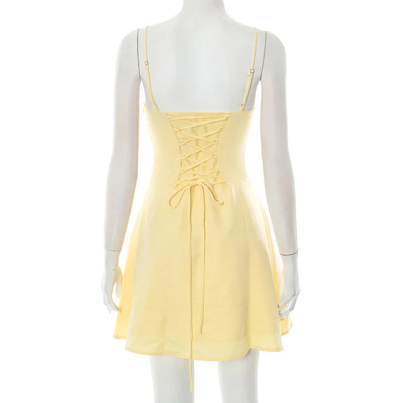 Mozision Spaghetti Strap Lace-up Sexy Mini Dress Women Elegant Off-shoulder Sleeveless Backless High Waist A-line Club Dress