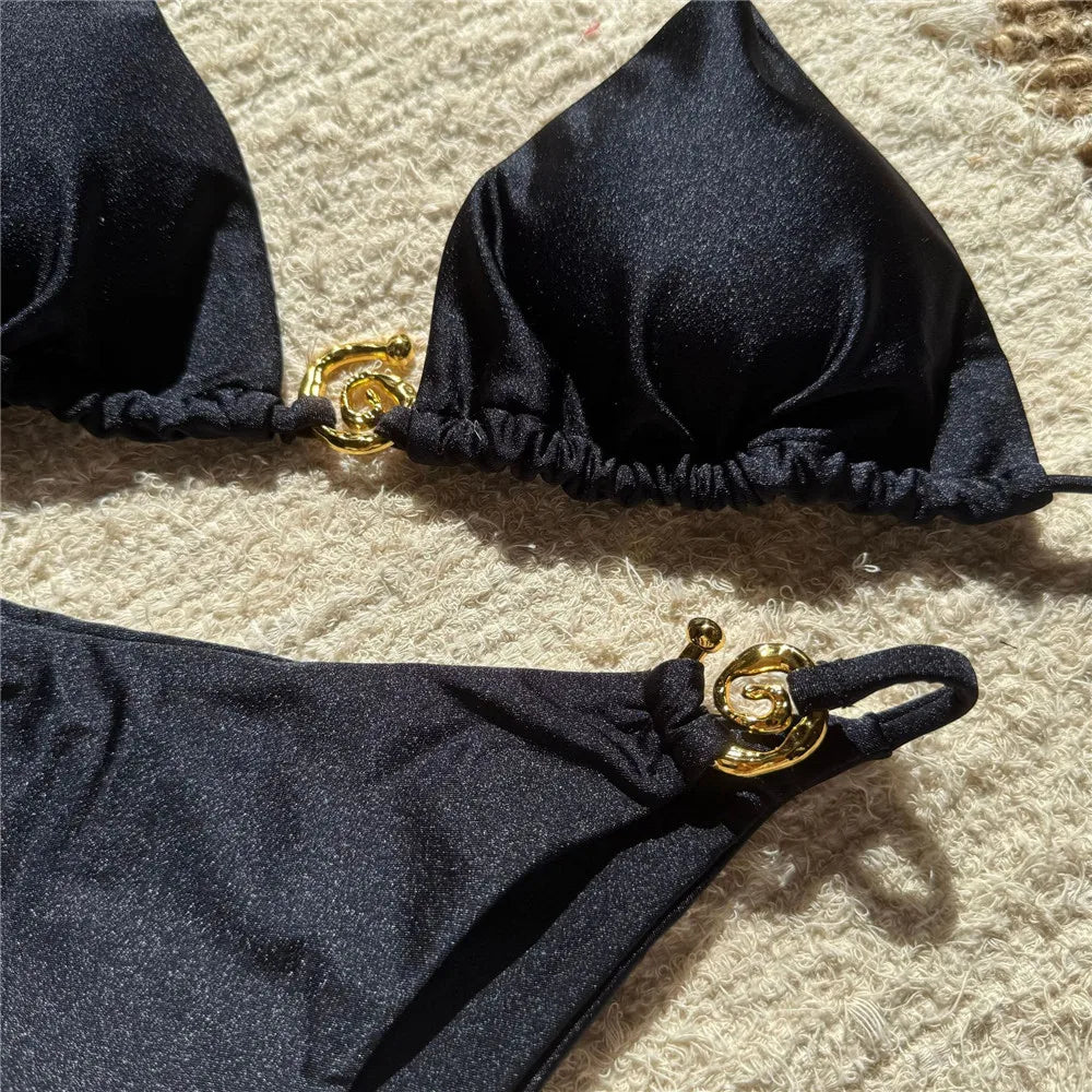 Solid Orange Swimwear Metal Ring String Halter Triangle Micro Bikini Thong Sexy Swimsuit Women 2025 Bathing Suit Bikinis Sets