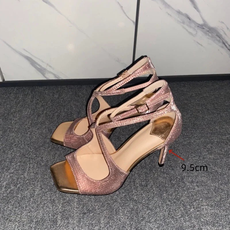 2025 Women's Spring/Summer New Style Glitter Material Fairy Style Cross Buckle with Stiletto High Heels and Open Toed Sandals