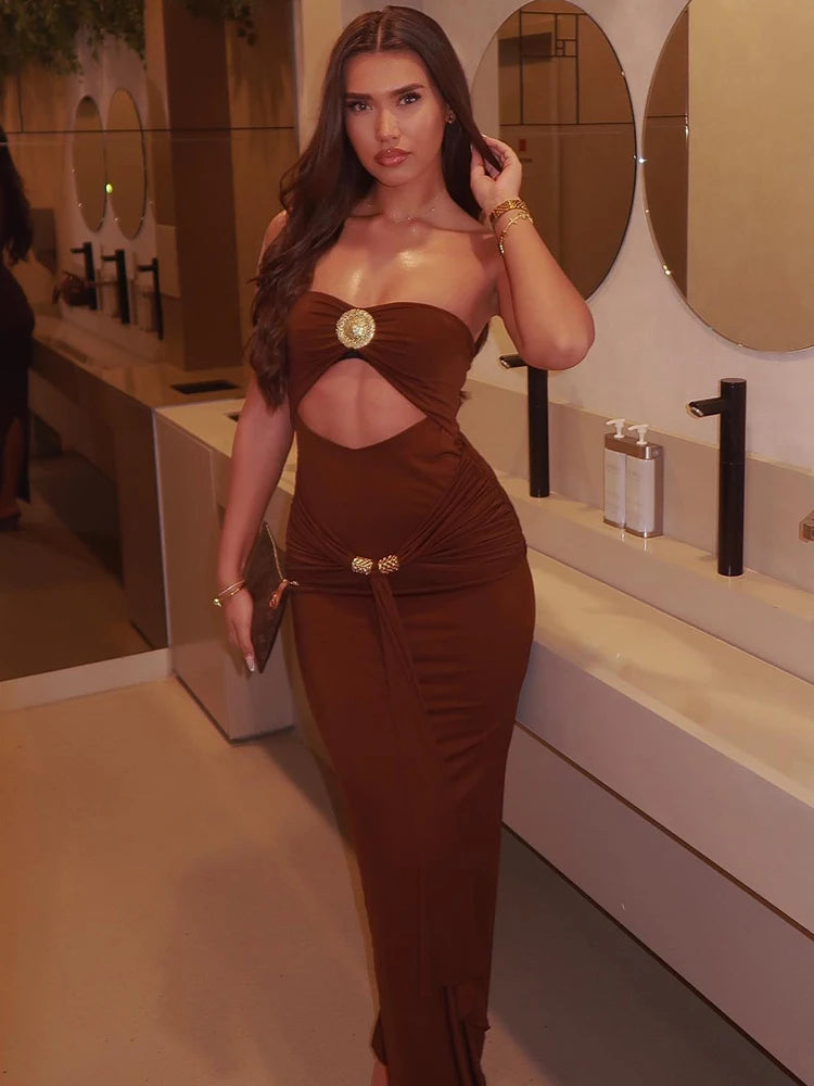 Mozision Hollow Out Backless Sexy Maxi Dress Women Gown Summer New Off-shoulder Strapless Sleeveless Ruched Club Long Dress