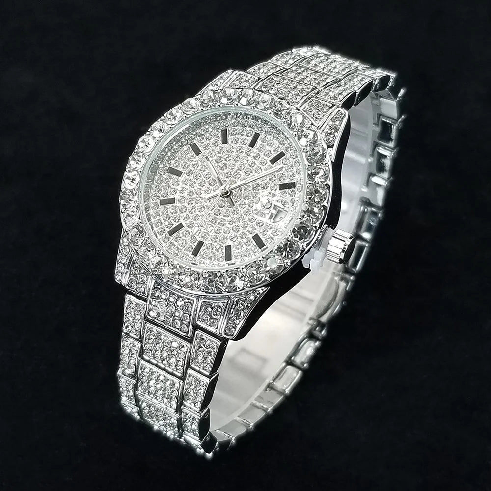 Elegant Diamond Watches Female Fashion Silver Round Stainless Steel Quartz Watch Iced Out Shiny Waterproof Clock Gift for Women