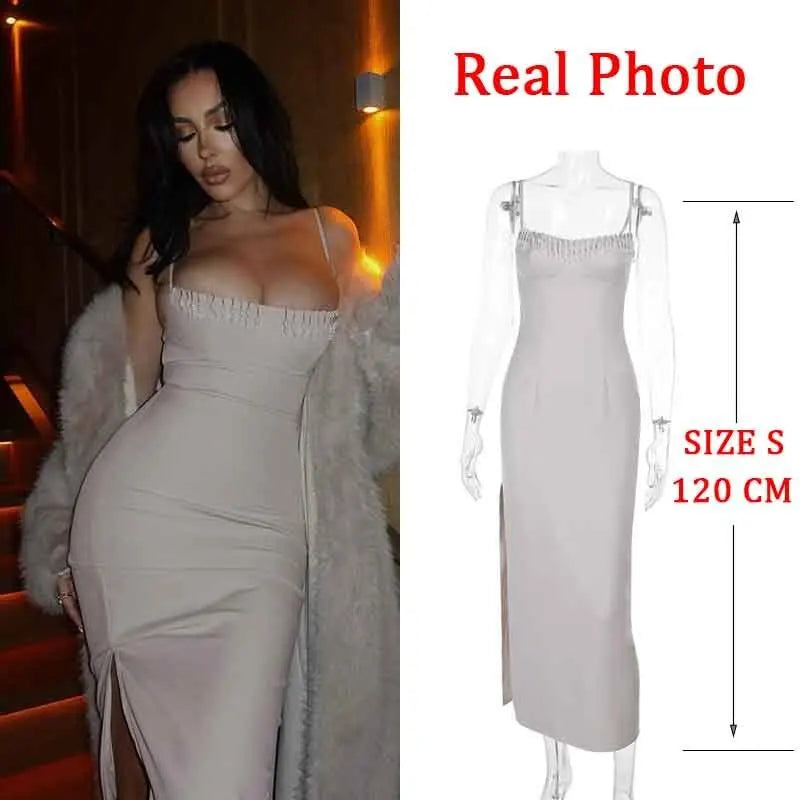 NIDANSSI Beading Split Evening Club Party Dress Women Robes Backless Elegant Sexy Dress Bodycon Midi Long Summer Dress Vestidos