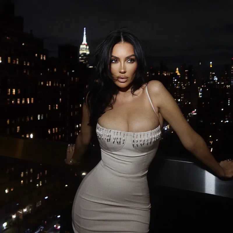 NIDANSSI Beading Split Evening Club Party Dress Women Robes Backless Elegant Sexy Dress Bodycon Midi Long Summer Dress Vestidos