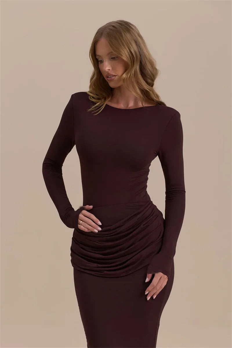 Long Sleeve Ruched Sexy Maxi Dress For Women Gown Autumn Winter New O Neck High Waist Bodycon Club Party Long Dresses