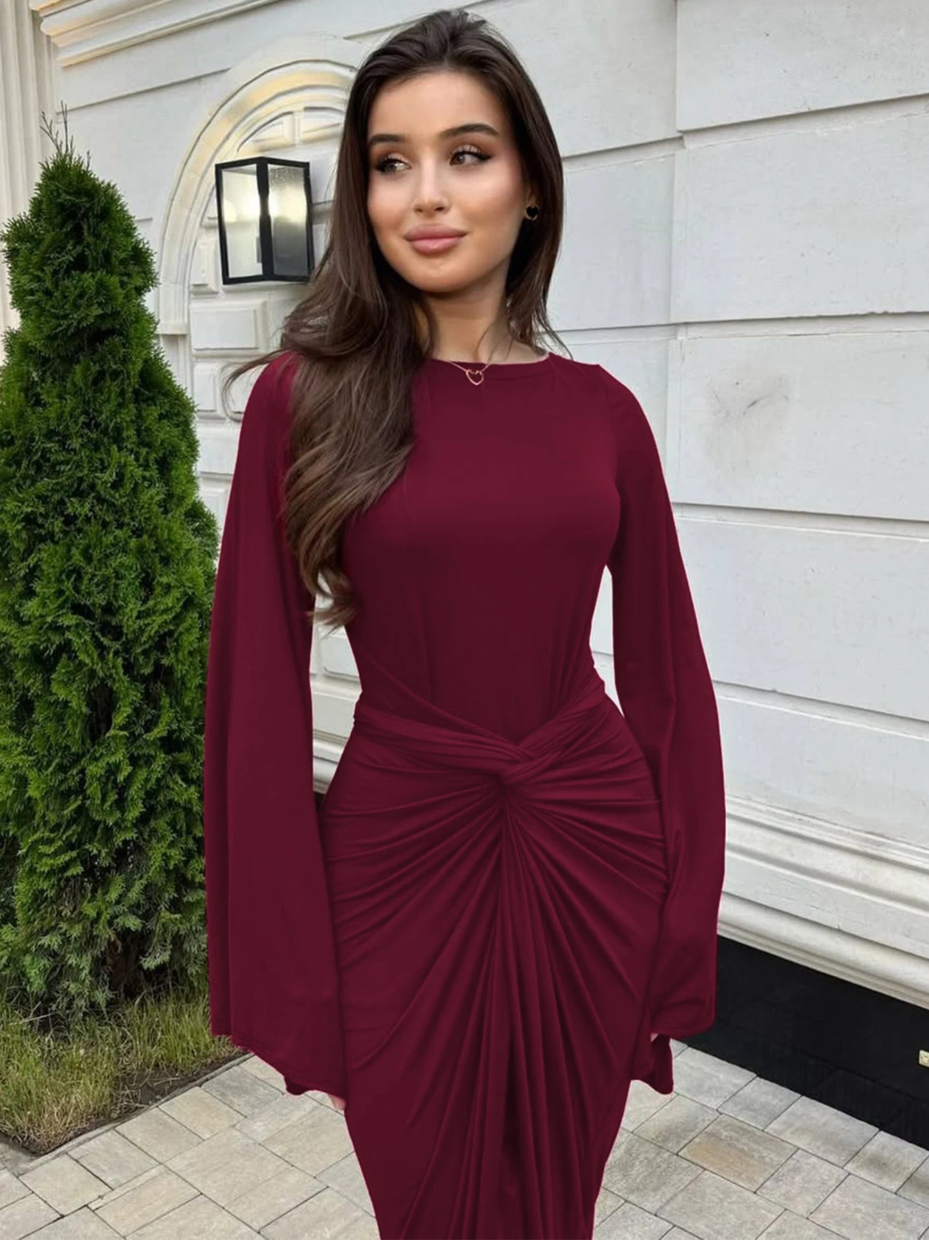 Dulzura Autumn Fashion Elegant O-Neck Long Flare Sleeve Ruched Slim Fit Ribbon Long Dress Women'S Solid Casual Party Club Outfit