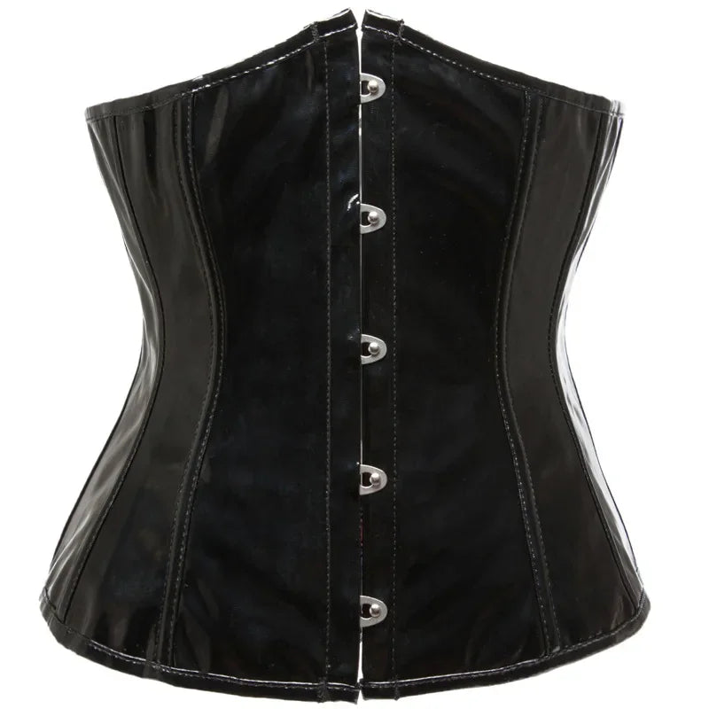 Black PVC Vinyl Underbust Corset Shiny PU Leather Steampunk Bustier Body Shaper Women Sexy Korset Wofashion.xyz