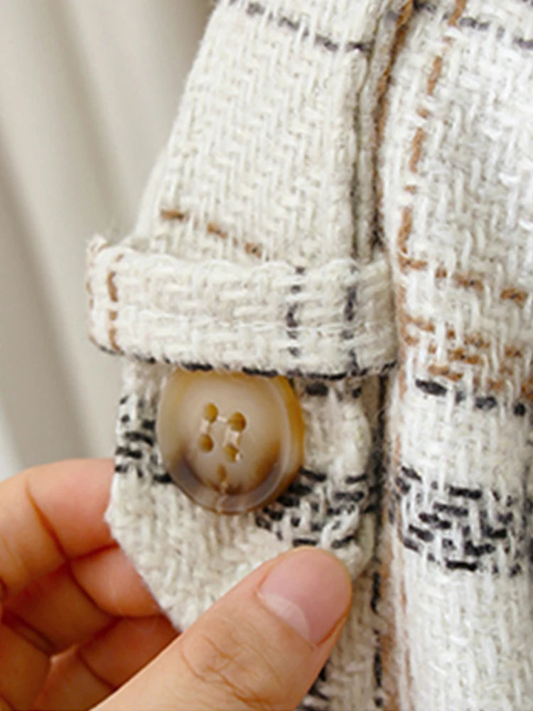 Lautaro Autumn Winter Long Loose Warm Plaid Wool Blends Trench Coat for Women Raglan Sleeve Belt Double Breasted Woolen Overcoat