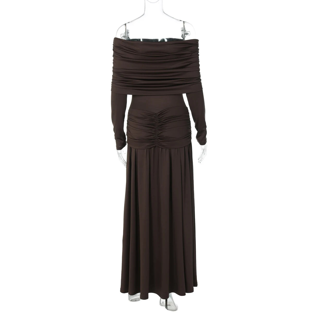 Dulzura Off Shoulder Long Sleeve Backless Ruched Slim Fit Pleated Long Dress Women'S Solid Sexy Dress Clothes Party Club Clothes