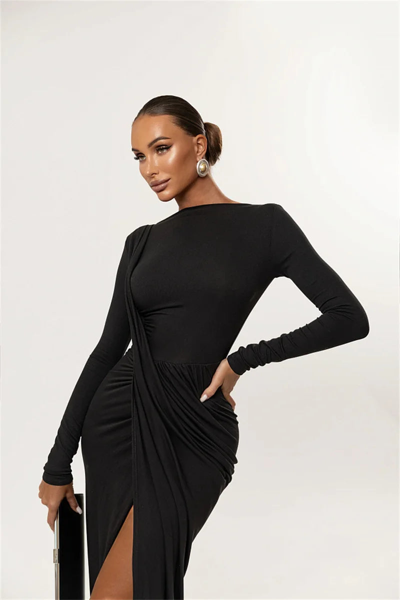 Mozision Long Sleeve Thigh High Split Sexy Maxi Dress Women Gown Elegant O Neck Draped Ruched Bodycon Club Party Long Dresses