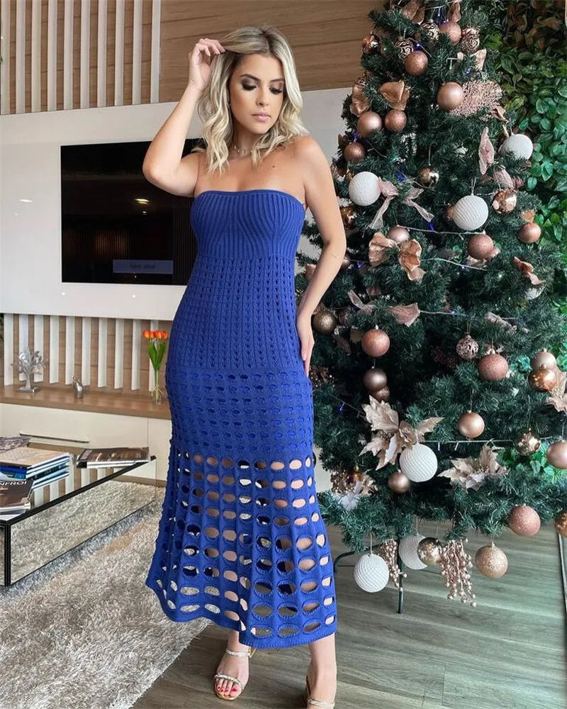 Mozision Strapless Off-shoulder Hollow Out Knit Maxi Dress For Women Gown Fashion Sleeveless Backless Beach Skinny Long Dress