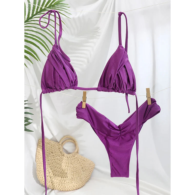 Triangle Bikinis Sexy Swimsuit Women Bandage Swimwear 2025 Bikini Set Solid Color Beachwear Two Piece Suit Female Swimsuits