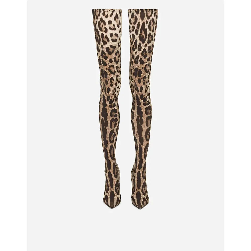 European and American Sexy Leopard Print Knee Length Elastic Sleeve Boots, Nightclub Runway Boots, Women's Four Season Boots
