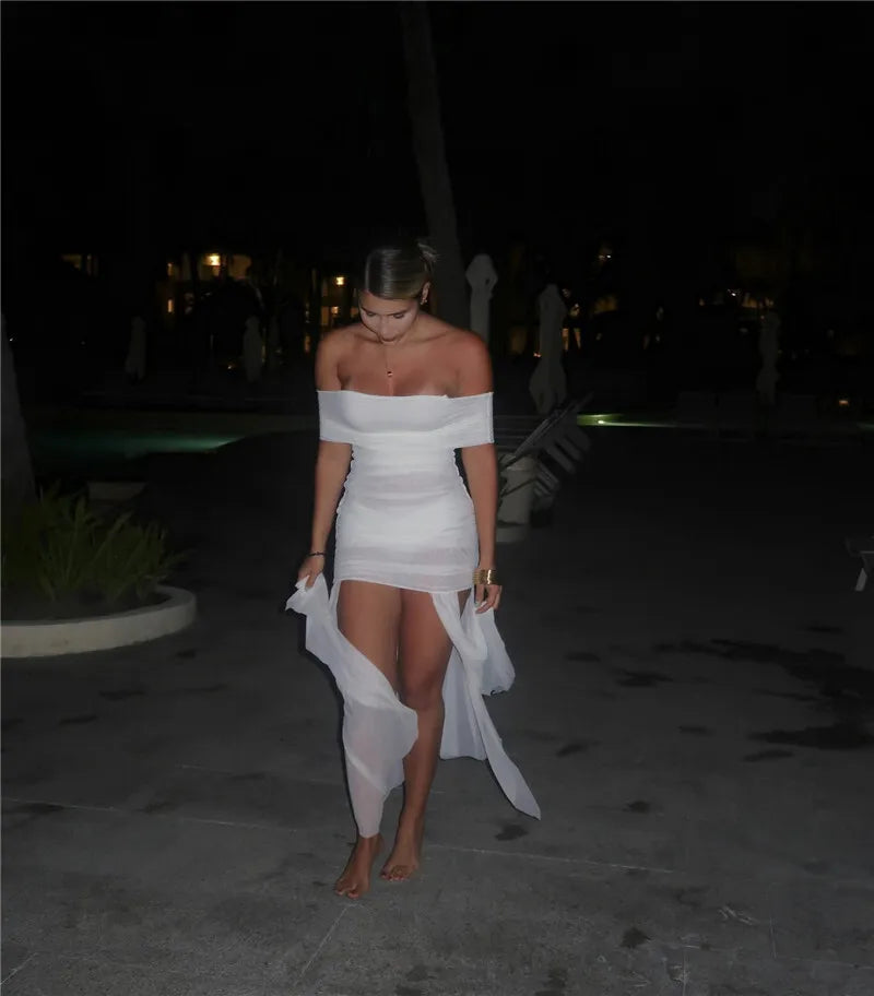 Mozision Mesh Off-shoulder Backless Sexy Maxi Dress For Women Fashion Strapless Sleeveless Split Ruched Bodycon Club Party Dress