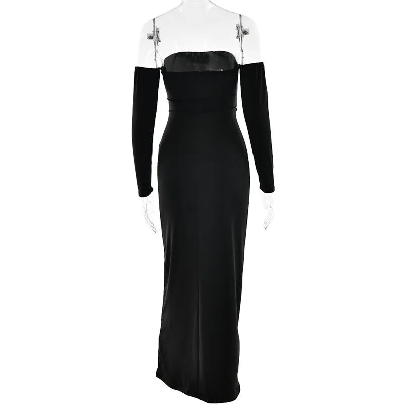 Mozision Metal Buckle Strapless Sexy Maxi Dress For Women Off-shoulder Backless Long Sleeve Ruched Bodycon Club Long Dress