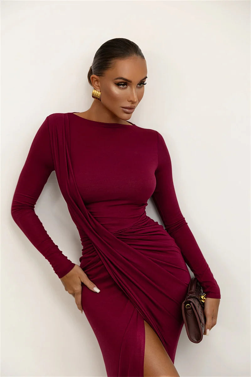 Mozision Long Sleeve Thigh High Split Sexy Maxi Dress Women Gown Elegant O Neck Draped Ruched Bodycon Club Party Long Dresses