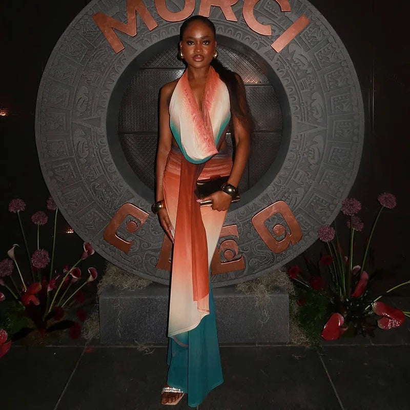 Mozision Print Sexy Mesh Halter Skirt 2 Pieces Sets For Women Off-shoulder Sleeveless Backless Tops And Skirt Two Pieces Sets