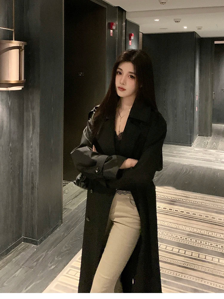 Lautaro Spring Autumn Long Black Hard Waterproof Trench Coat for Women Belt Double Breasted High Quality Luxury Overcoat 2024